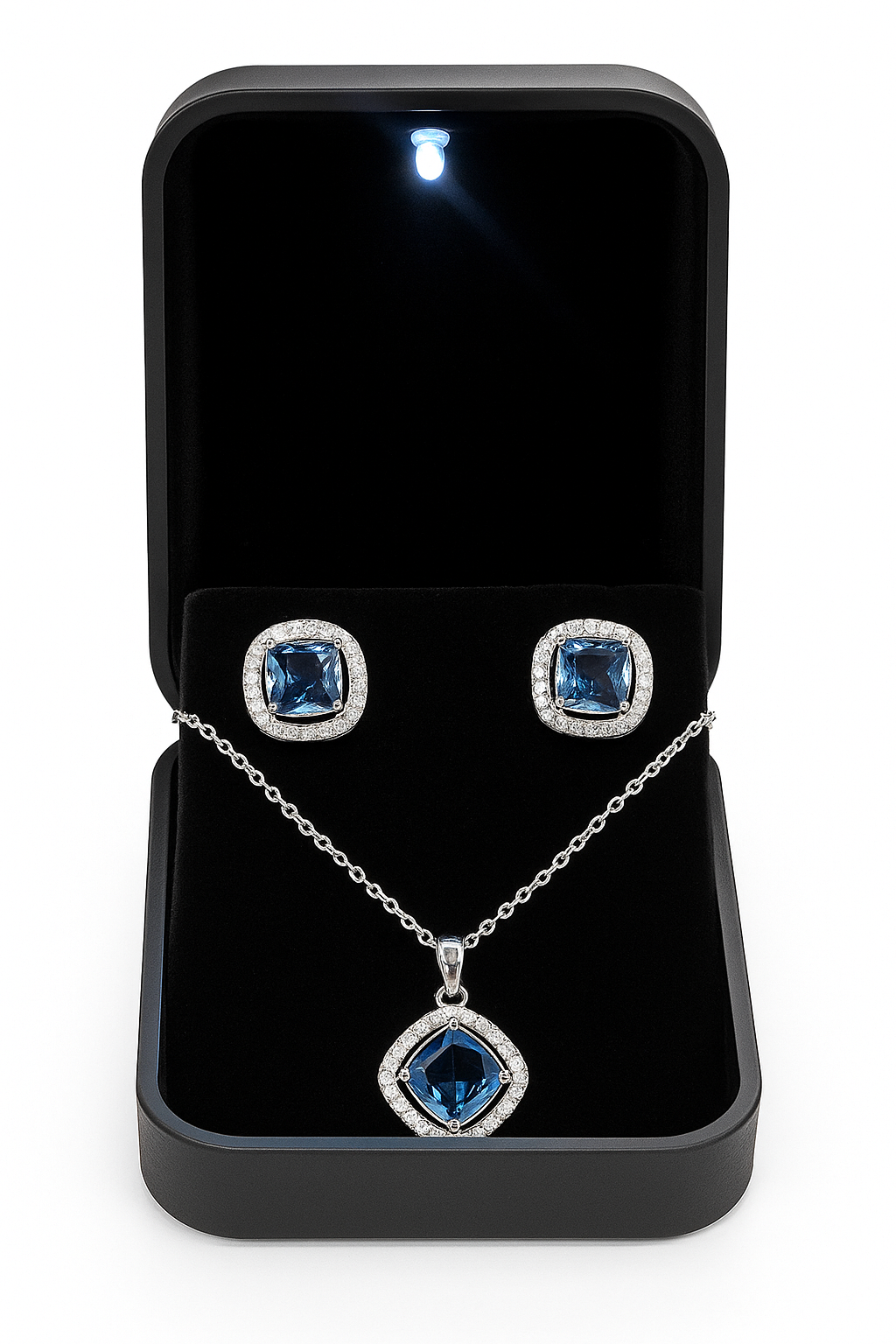 **Elegant Blue Sapphire-Inspired Pendant & Earrings Set in Silver-Plated Finish