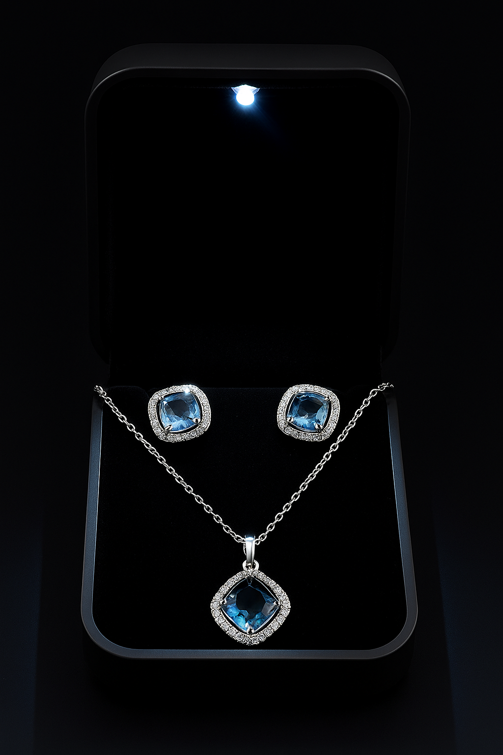 **Elegant Blue Sapphire-Inspired Pendant & Earrings Set in Silver-Plated Finish