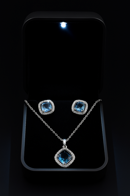 **Elegant Blue Sapphire-Inspired Pendant & Earrings Set in Silver-Plated Finish
